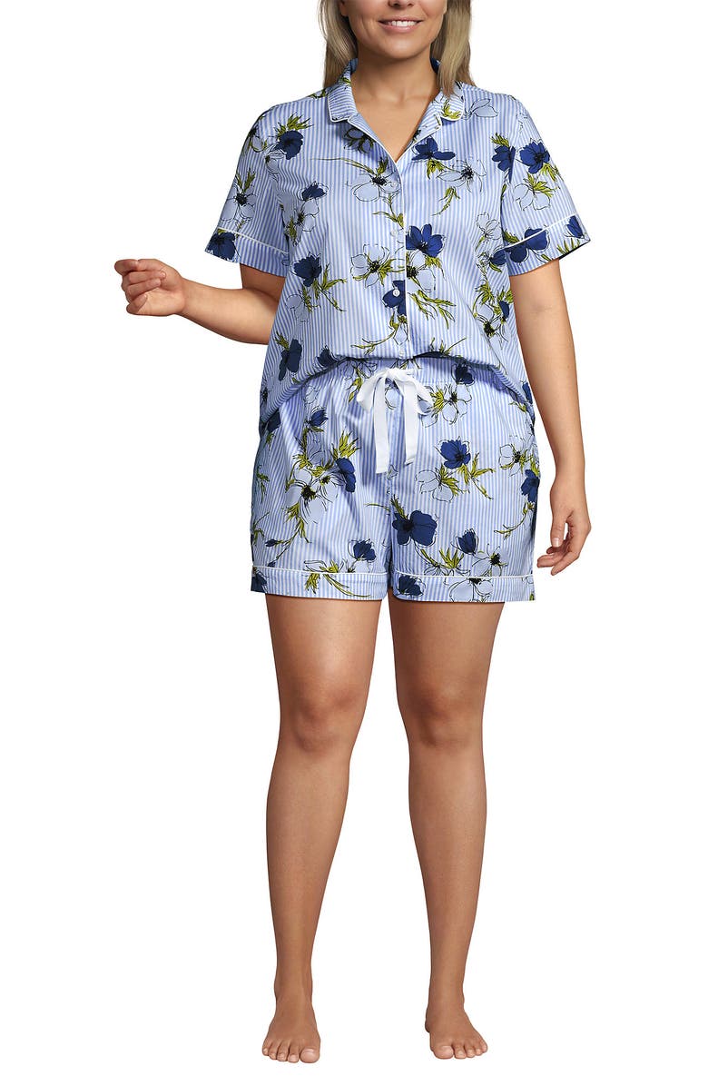 Lands' End Poplin 2 Piece Pajama Set - Short Sleeve Shirt and Shorts, Main, color, Light Sea Blue Striped Floral