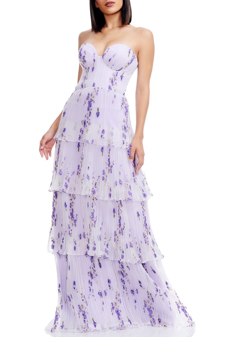 Layana Ruffle Strapless Evening Gown, Main, color, WISTERIA MULTI