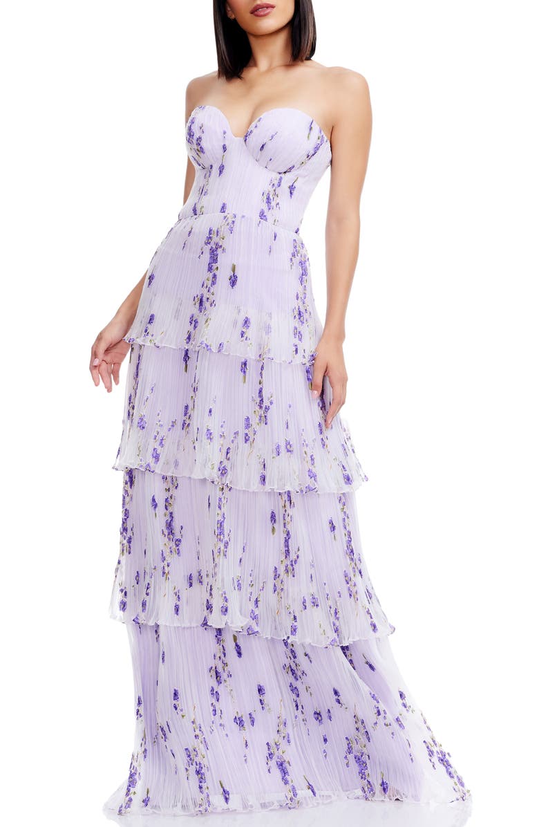 Dress the Population Layana Ruffle Strapless Evening Gown, Main, color, Wisteria Multi