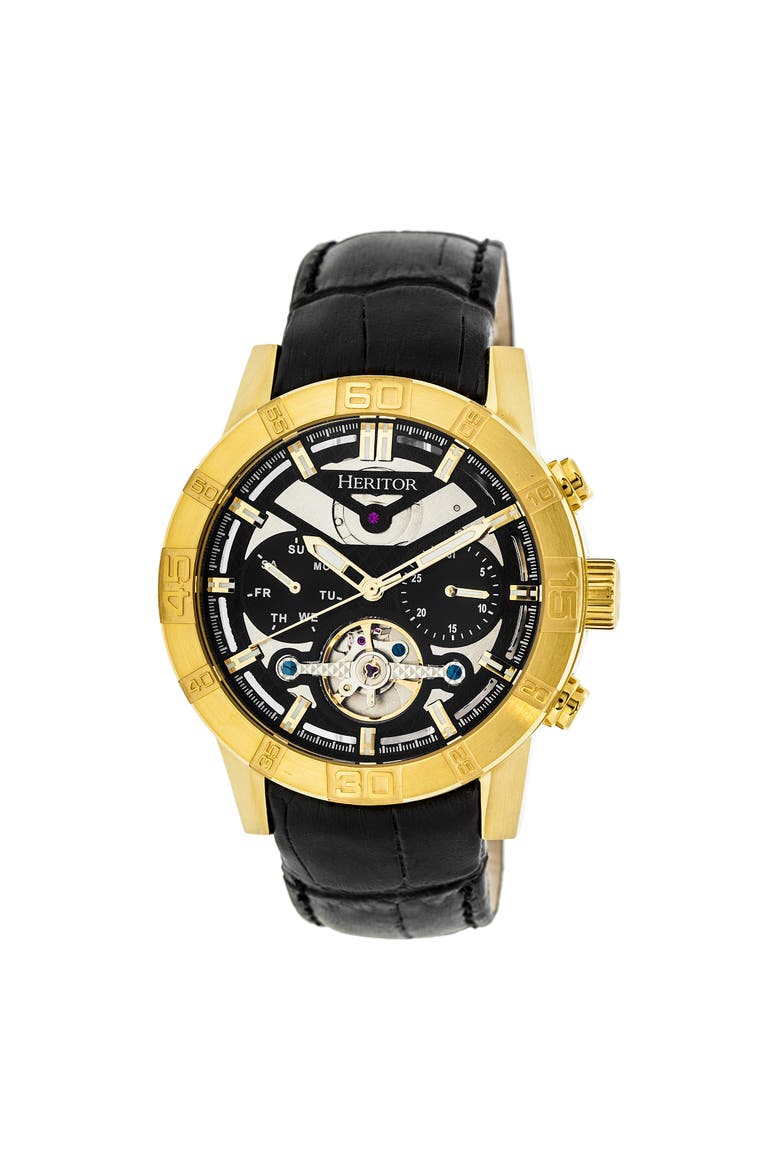Hannibal Semi-Skeleton Leather-Band Watch, Main, color, Gold/Black
