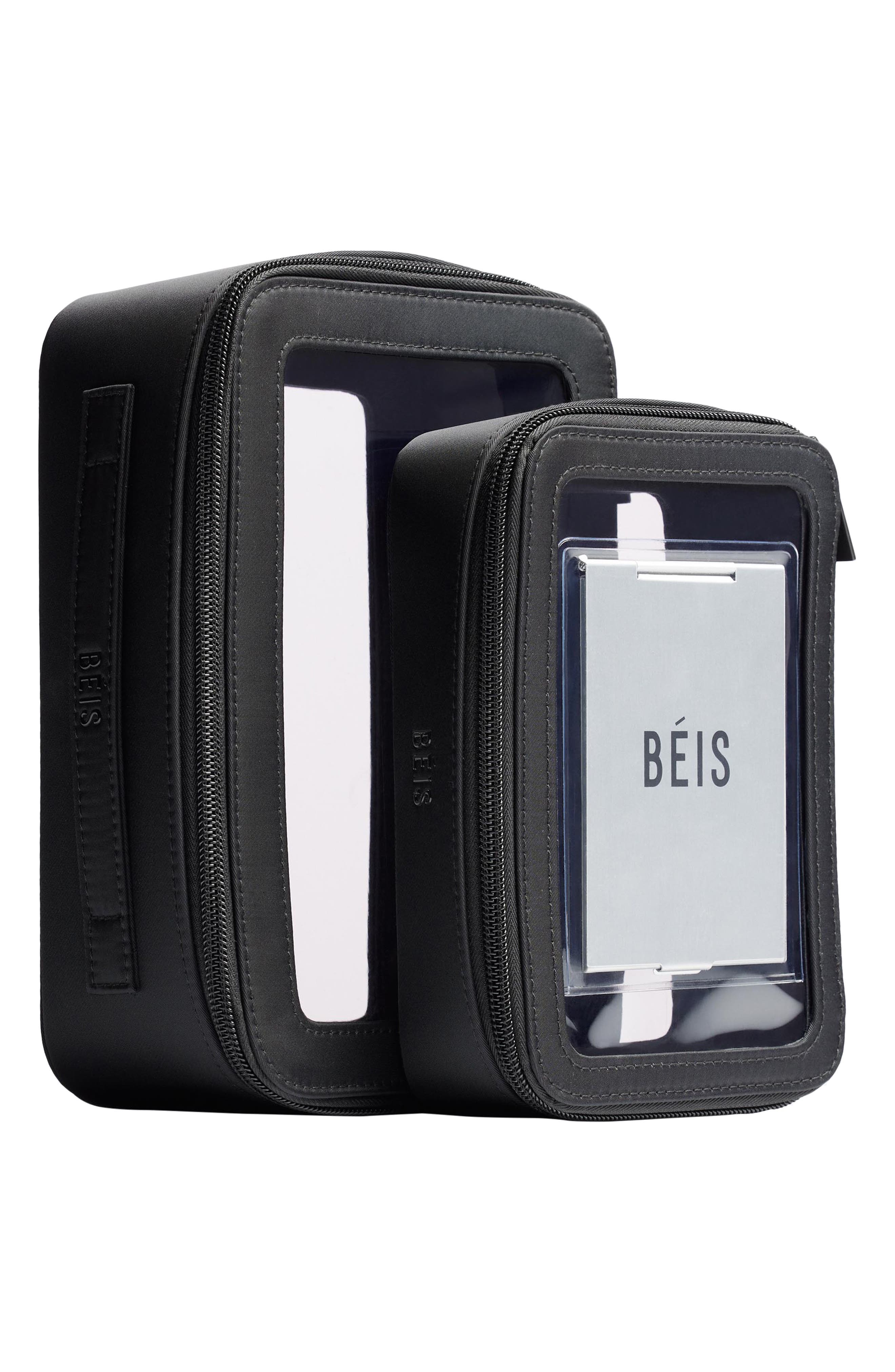 Béis The In-Flight Set of 2 Cosmetics Bags, Alternate, color, Black
