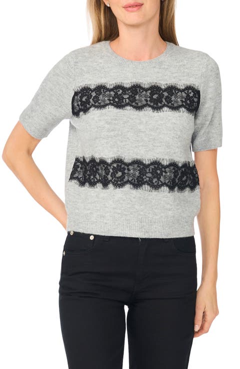 Lace Stripe Short Sleeve Sweater