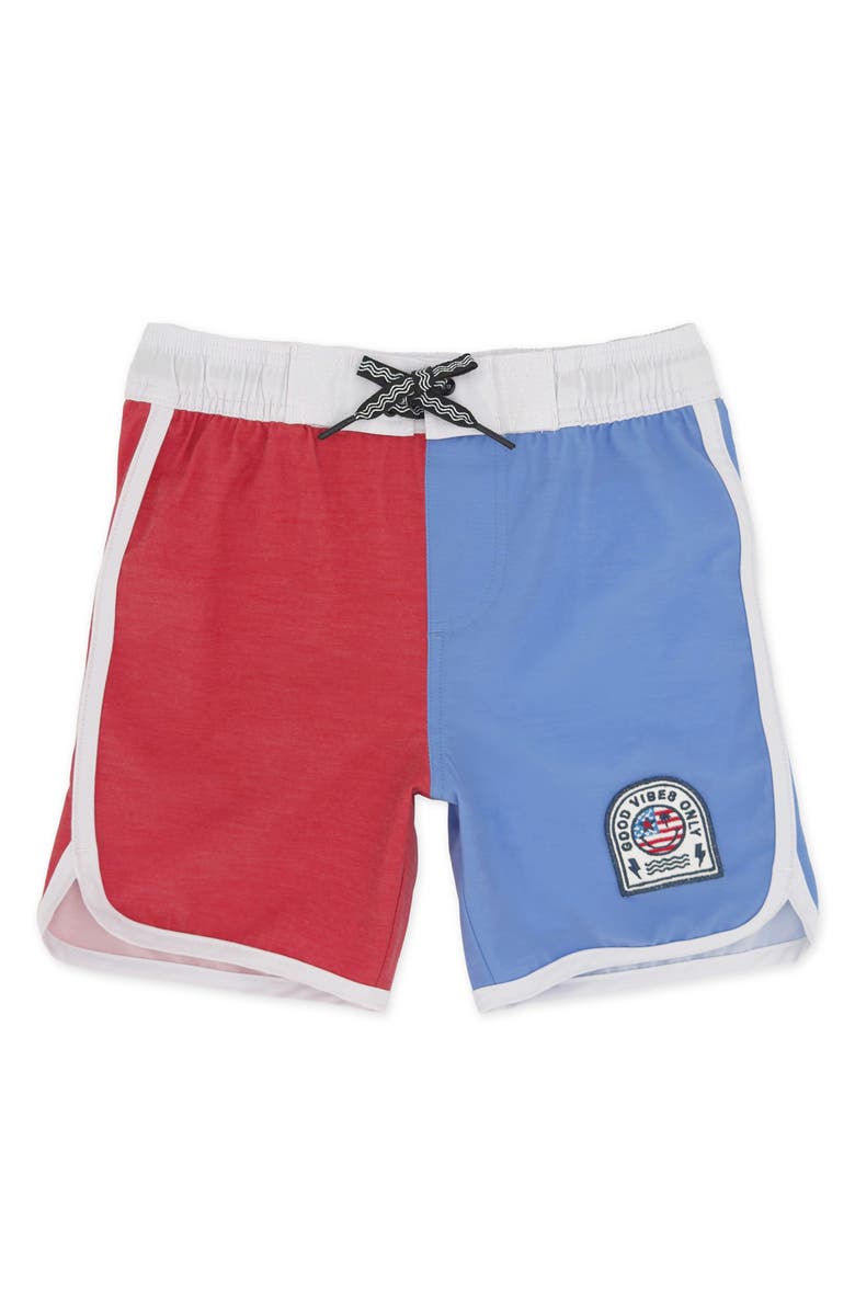 Feather 4 Arrow Kids' Scallop Colorblock Board Shorts, Main, color, True Red