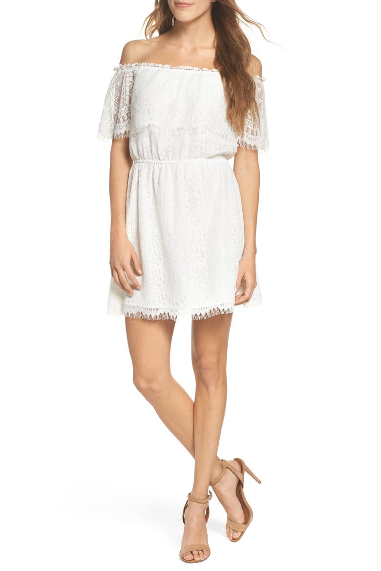 BB Dakota Zinnia Lace Ruffle Off the Shoulder Dress, Main, color, IVORY