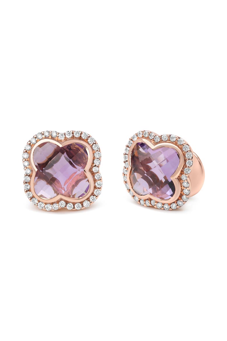 18K Rose Gold 3/8 Cttw Diamond & Amethyst Gemstone Clover Halo Stud Earrings, Alternate, color, Pink