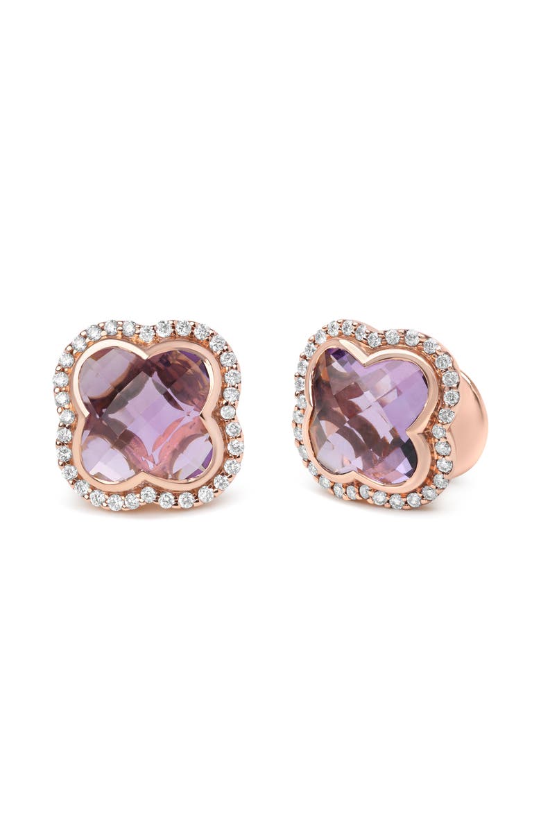 Haus of Brilliance 18K Rose Gold 3/8 Cttw Diamond & Amethyst Gemstone Clover Halo Stud Earrings, Alternate, color, Pink