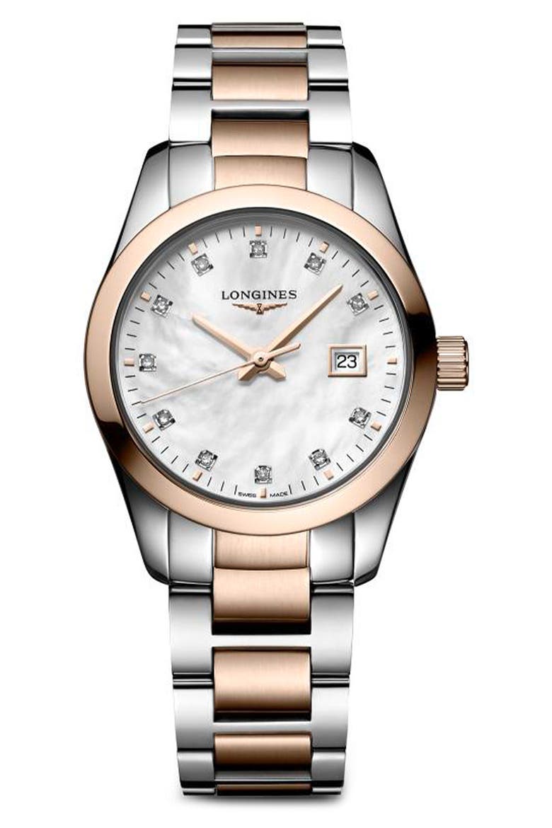 Conquest Classic Diamond Bracelet Watch, 29mm, Main, color, SILVER/ MOP