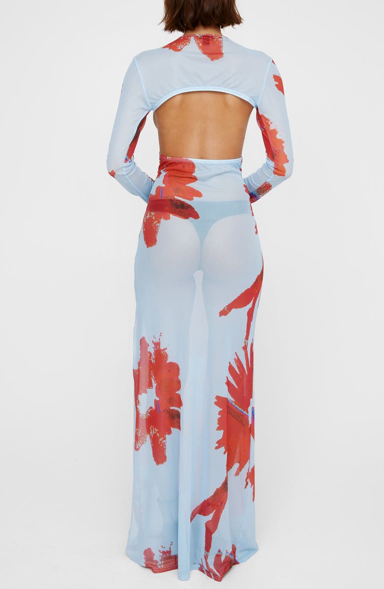 NASTY GAL Cutout Sheer Long Sleeve Maxi Dress, Alternate, color, Blue
