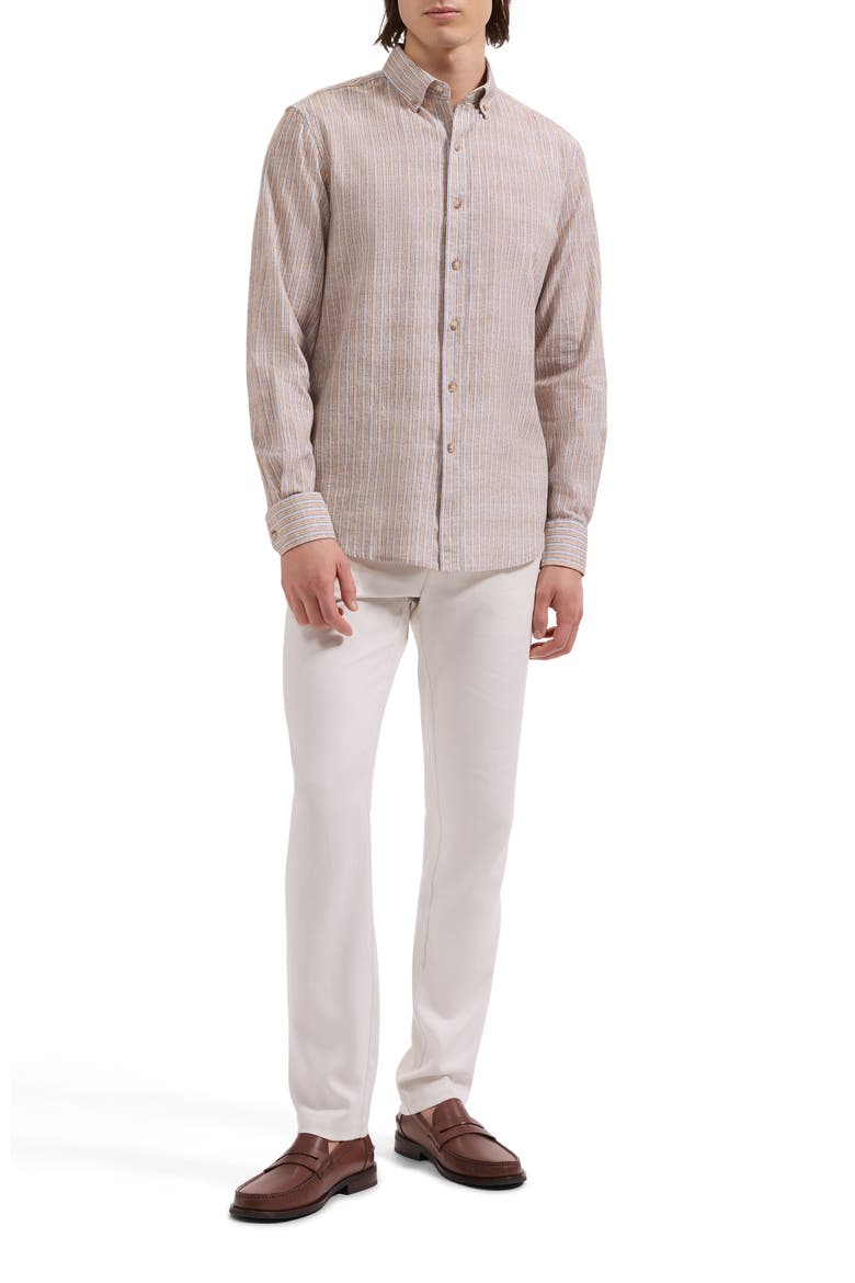 Austin Shaped Fit Stripe Cotton & Linen Button-Down Shirt, Alternate, color, DESERT
