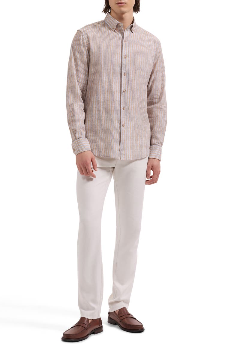 Bugatchi Austin Shaped Fit Stripe Cotton & Linen Button-Down Shirt, Alternate, color, Desert