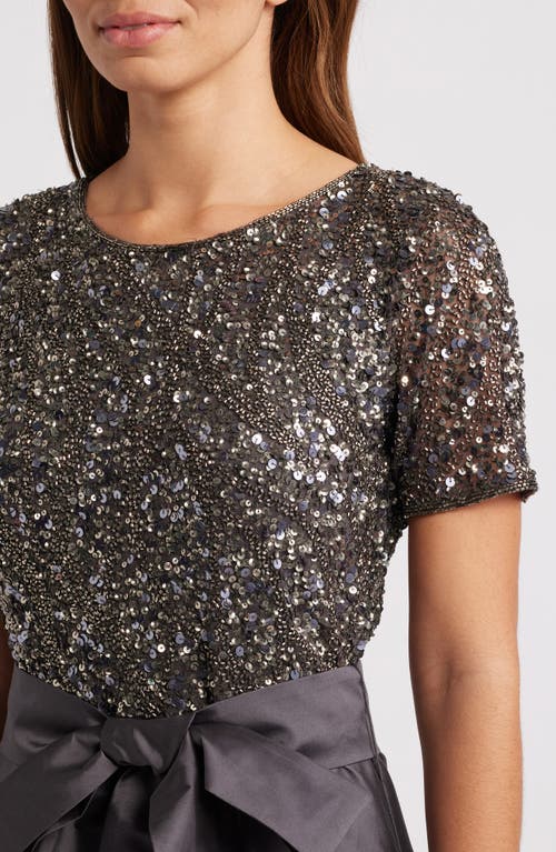 Pisarro Nights Beaded Bodice Mixed Media Gown In Grey