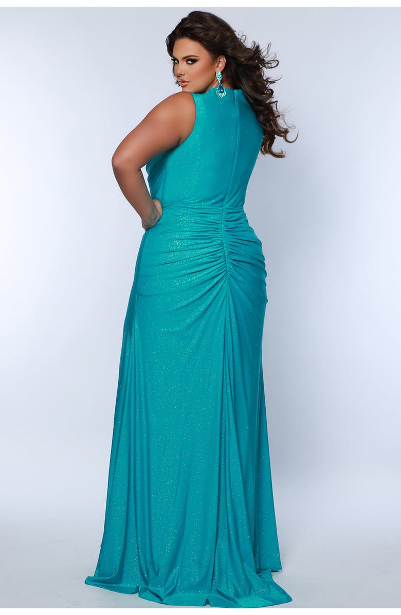 Sydney's Closet Fitted Empire Waist V-Neck Plus Size Gown, Alternate, color, Aqua