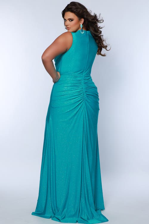 Sydney's Closet Fitted Empire Waist V-neck Plus Size Gown In Aqua