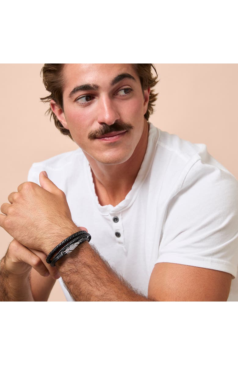 Lucky Brand Triple Row Black Leather Bracelet with Silver Accents, Alternate, color, Black