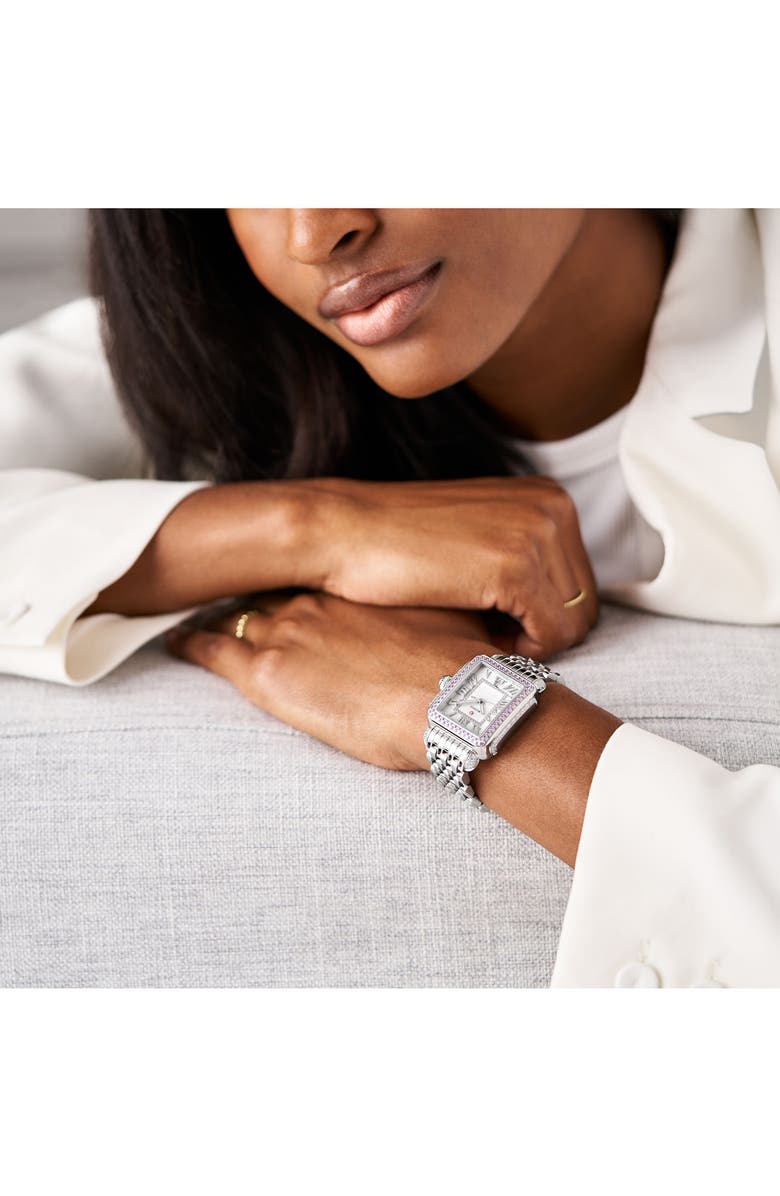 MICHELE Deco Madison Pink Sapphire & Diamond Bracelet Watch, 35mm, Alternate, color, 