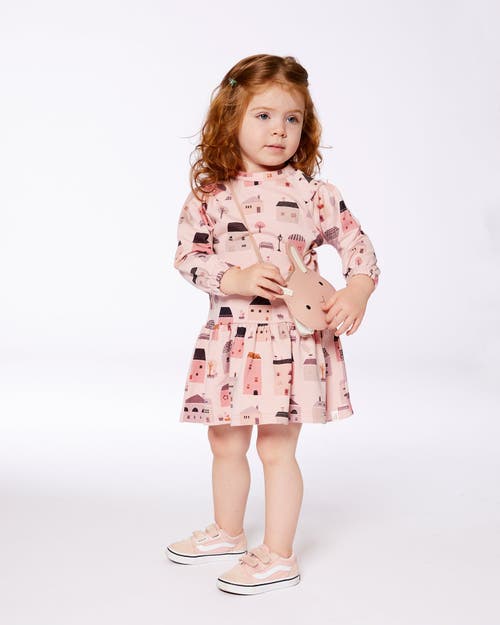 Deux Par Deux Girl's Printed French Terry Dress Pink And Coral Houses In Pink And Coral Houses