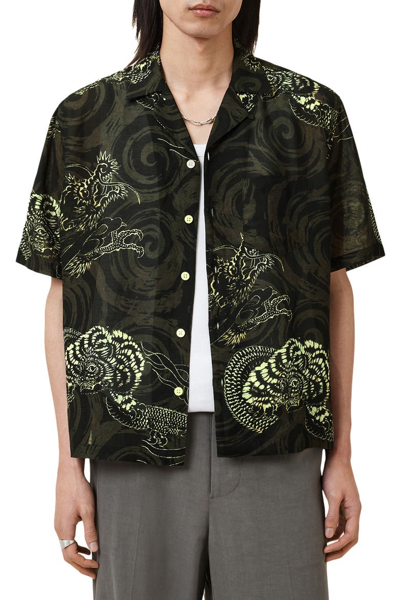 Sidewinder Dragon Print Viscose & Linen Camp Shirt, Main, color, KELP GREEN
