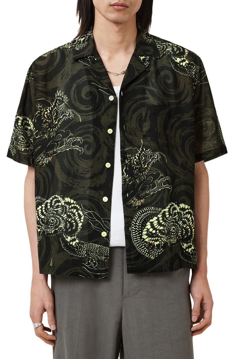 AllSaints Sidewinder Dragon Print Viscose & Linen Camp Shirt, Main, color, Kelp Green