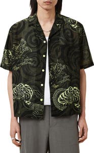 AllSaints Sidewinder Dragon Print Viscose & Linen Camp Shirt