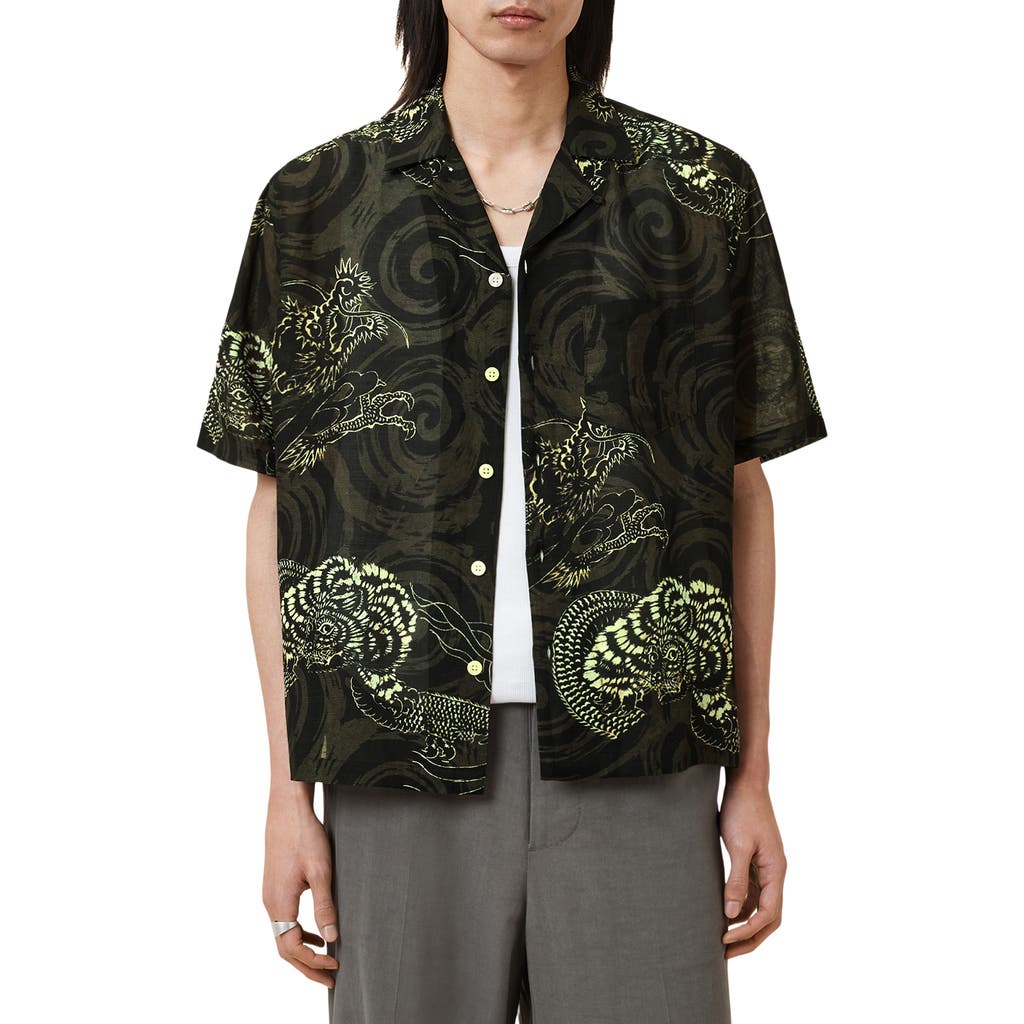 Allsaints Mens Kelp Green Sidewinder Graphic-print Short-sleeve Woven Shirt Xxl