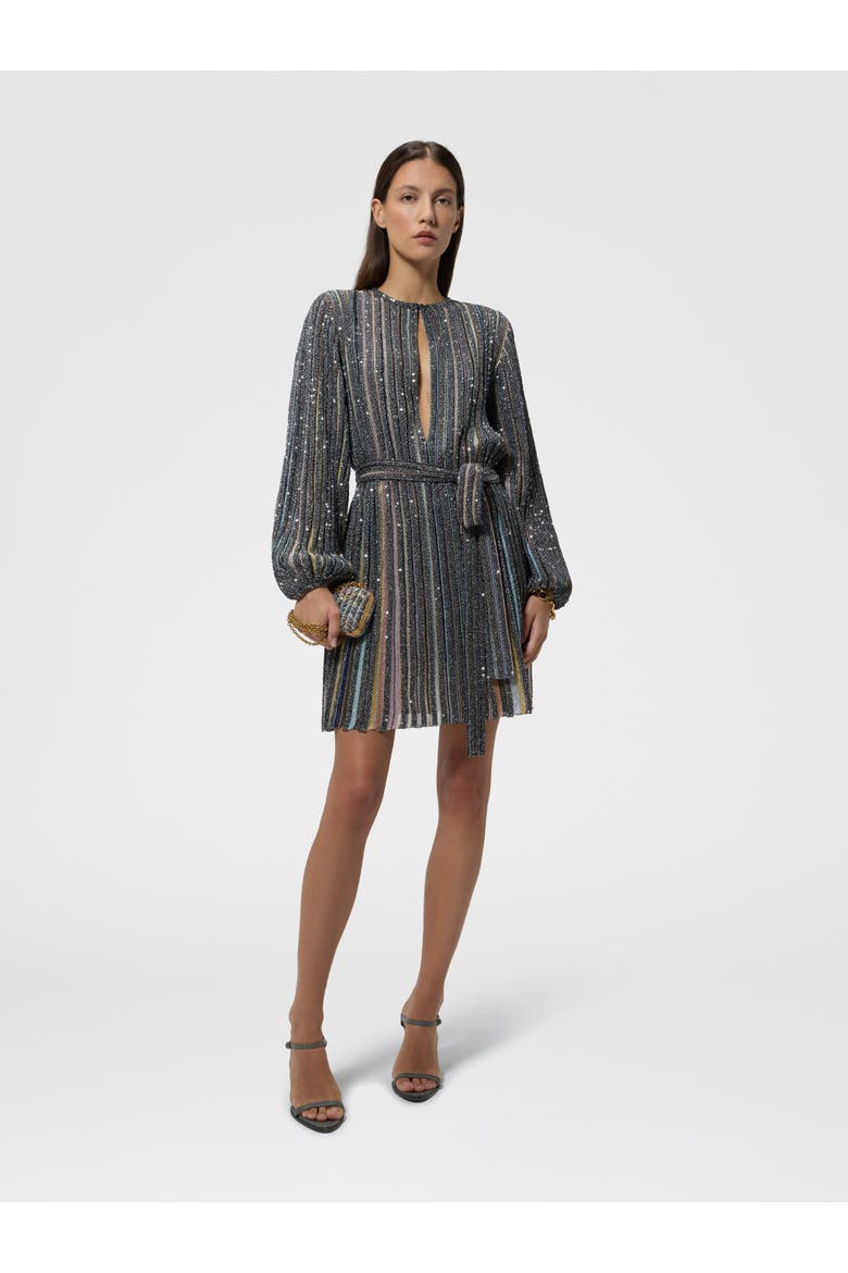 Short Dress With V-neck And Belt, Alternate, color, Black Multicoloured