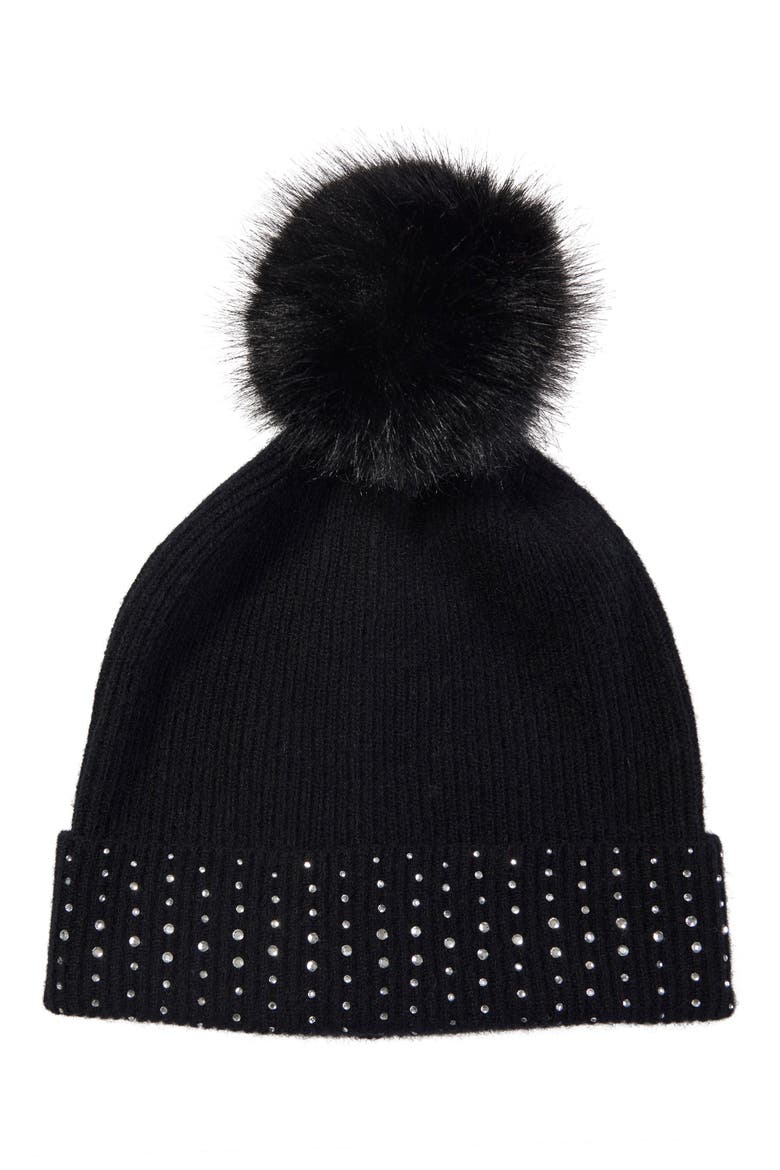 Faux Fur Pom Embellished Cashmere Knit Beanie, Alternate, color, BLACK
