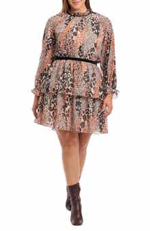 DONNA MORGAN FOR MAGGY Animal Print Tiered Long Sleeve Dress