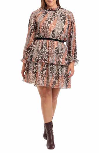 DONNA MORGAN FOR MAGGY Animal Print Tiered Long Sleeve Dress
