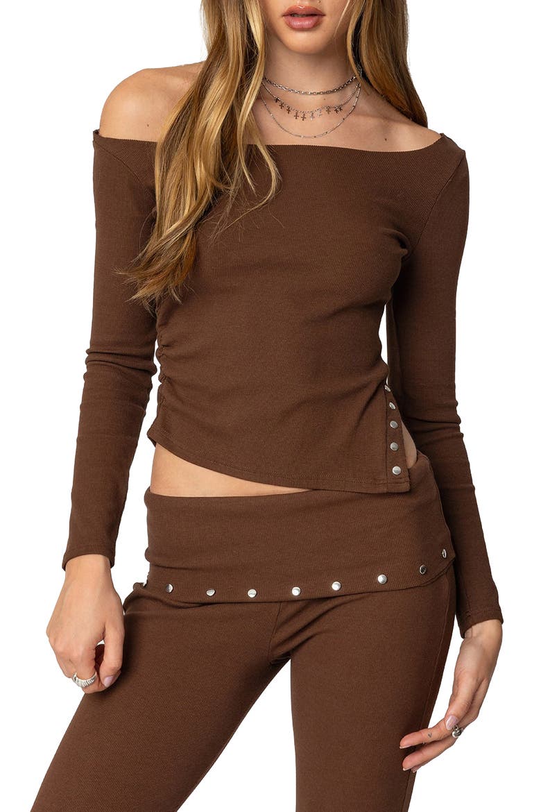 Aries Off the Shoulder Studded Rib Top, Main, color, BROWN