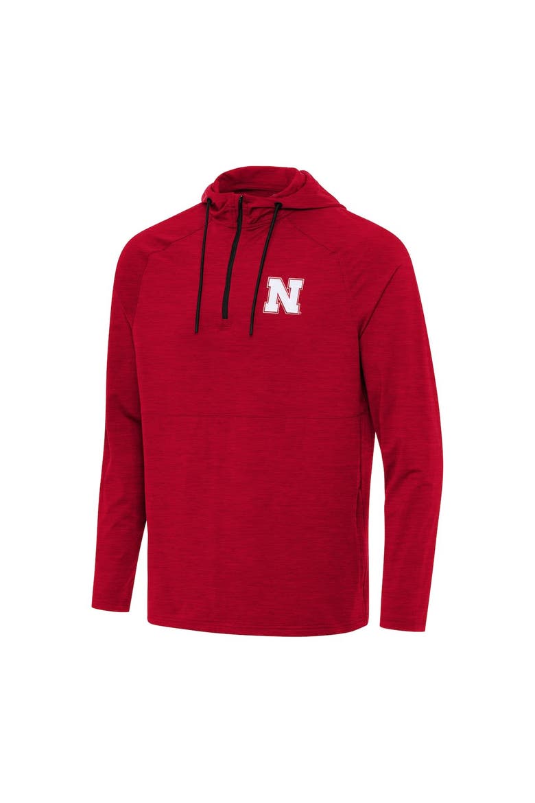 Men's Antigua Heather Red Nebraska Huskers Spikes Quarter-Zip Hoodie, Alternate, color, Heather Red