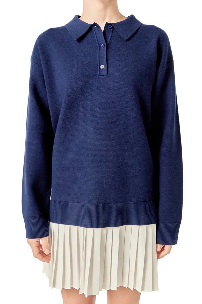 Long Sleeve Mixed Media Polo Minidress, Alternate, color, NAVY/ WHITE