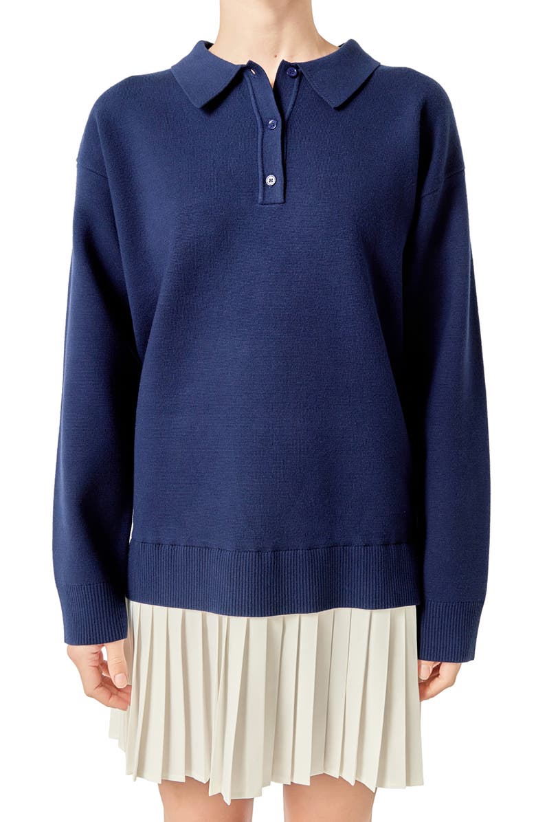 English Factory Long Sleeve Mixed Media Polo Minidress, Alternate, color, Navy/ White