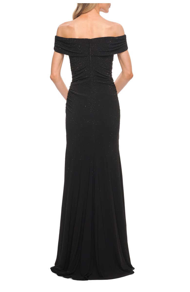 La Femme Beaded Long Jersey Off the Shoulder Gown, Alternate, color, Black