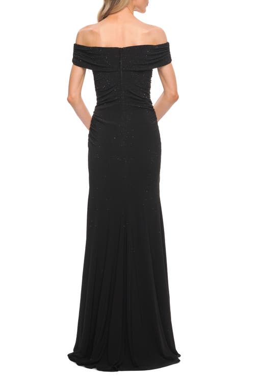 La Femme Beaded Long Jersey Off The Shoulder Gown