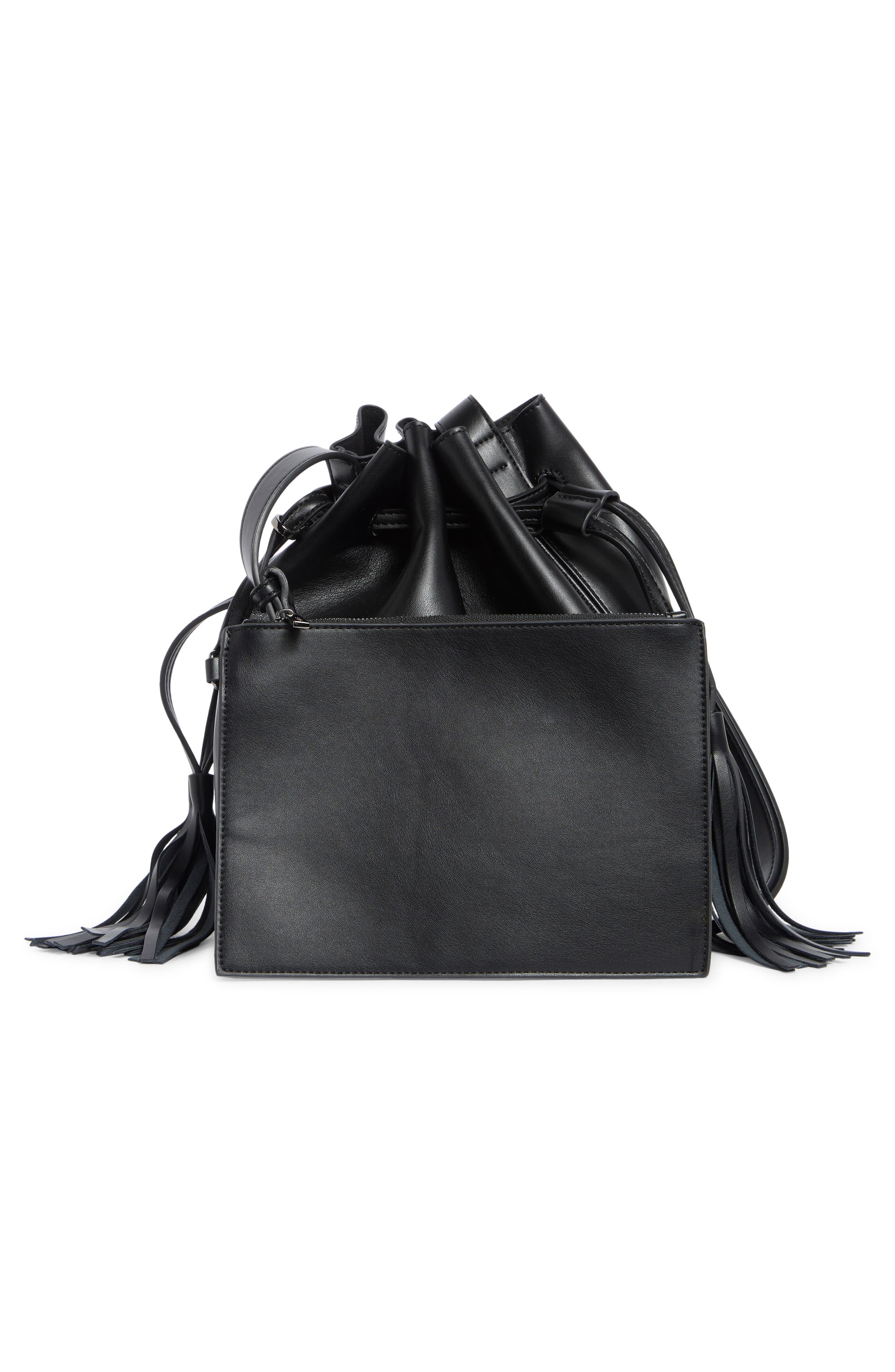 BCBG Tasseled Faux Leather Bucket Bag, Alternate, color, Black