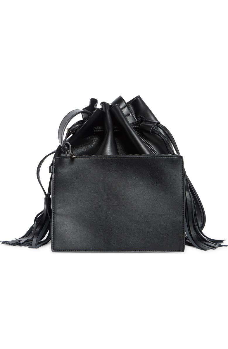 BCBG Tasseled Faux Leather Bucket Bag, Alternate, color, Black