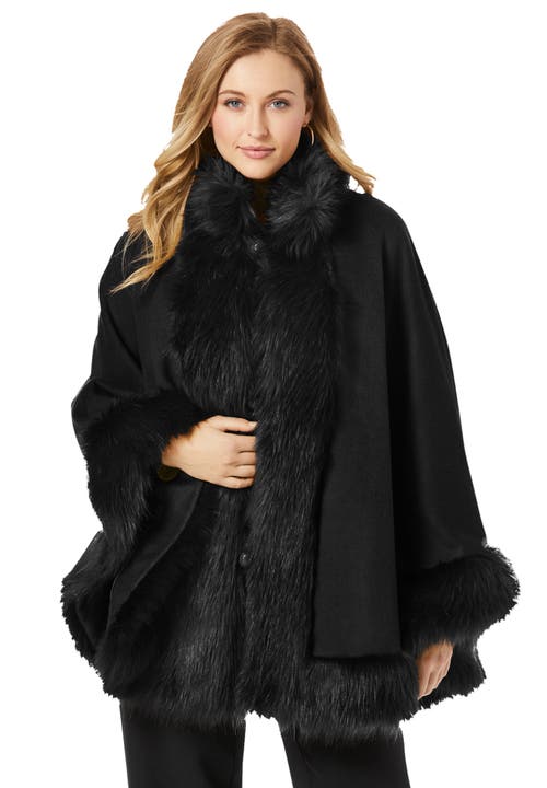 Jessica London Faux Fur Trim Wool Cape In Black
