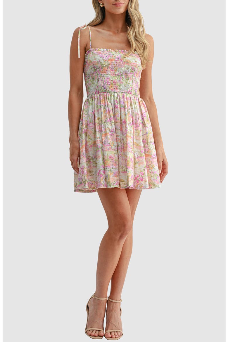 Tie Shoulder Smocked Minidress, Main, color, PINK MULTI
