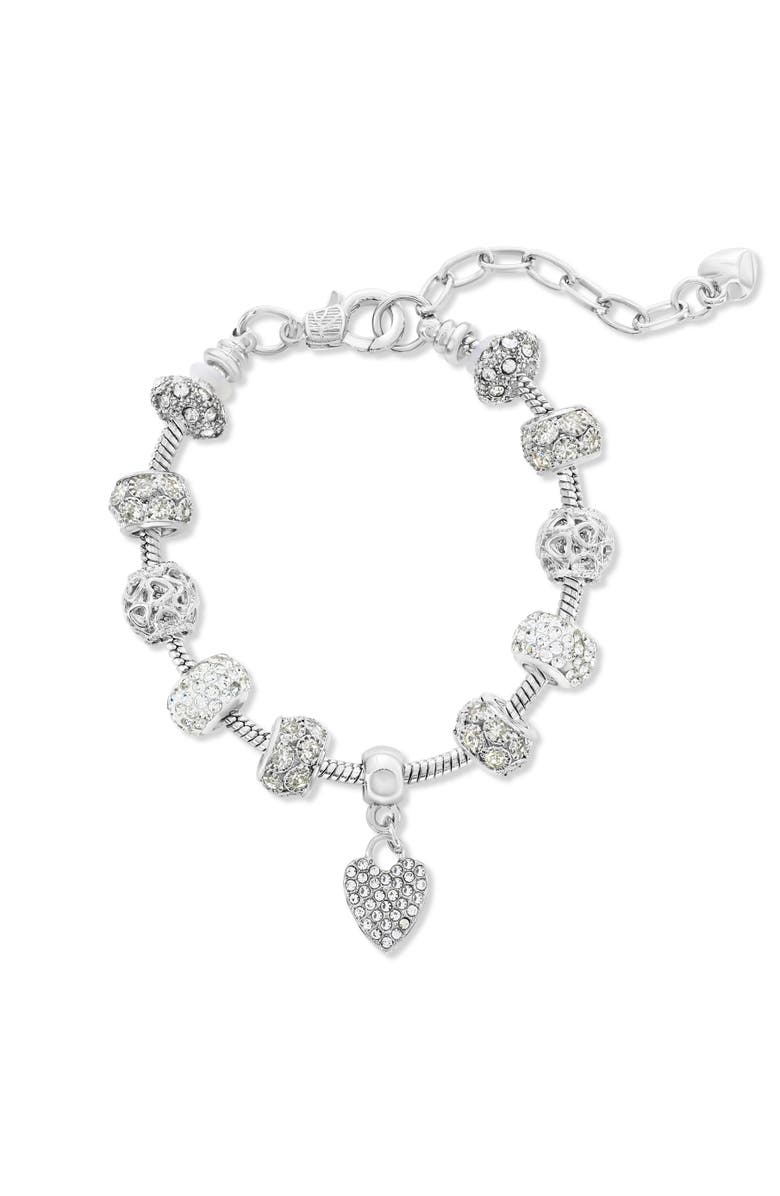 Donatello Gian Crystal Hearts Charm Bracelet, Main, color, Silver