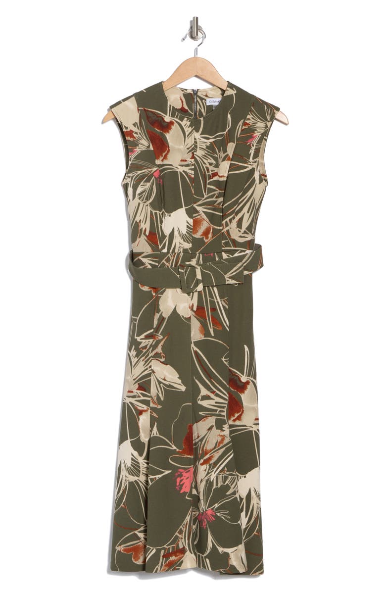 Calvin Klein Floral Sleeveless Belted A-Line Midi Dress, Alternate, color, Caper Multi