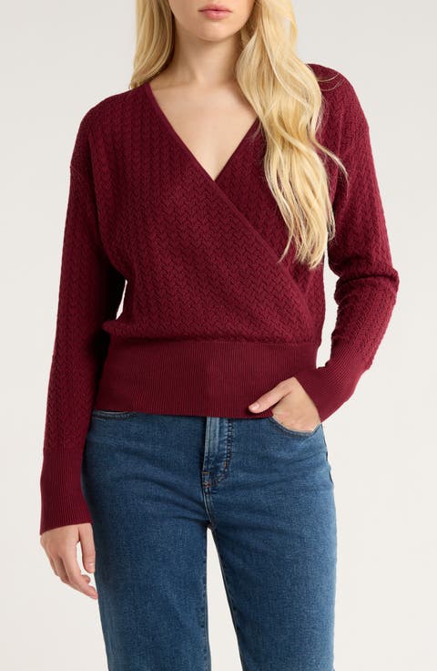 Surplice V-Neck Cotton Blend Pointelle Sweater