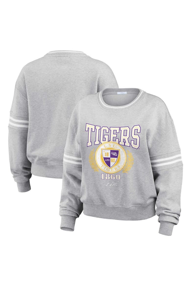 Women's WEAR by Erin Andrews Heather Gray LSU Tigers Classic Stripe Pullover Sweater, Alternate, color, Heather Gray