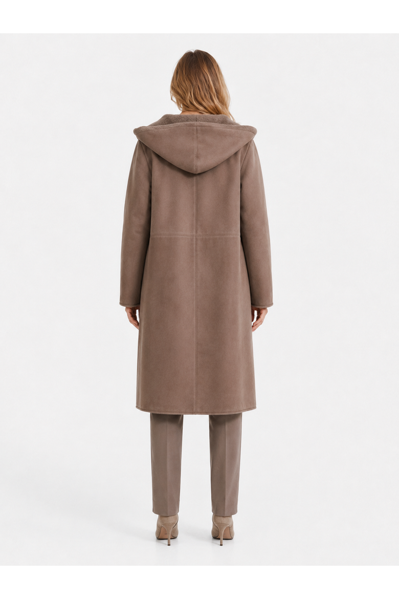 Ballade Merino Curly Shearling Hooded Long Coat, Alternate, color, Vizon