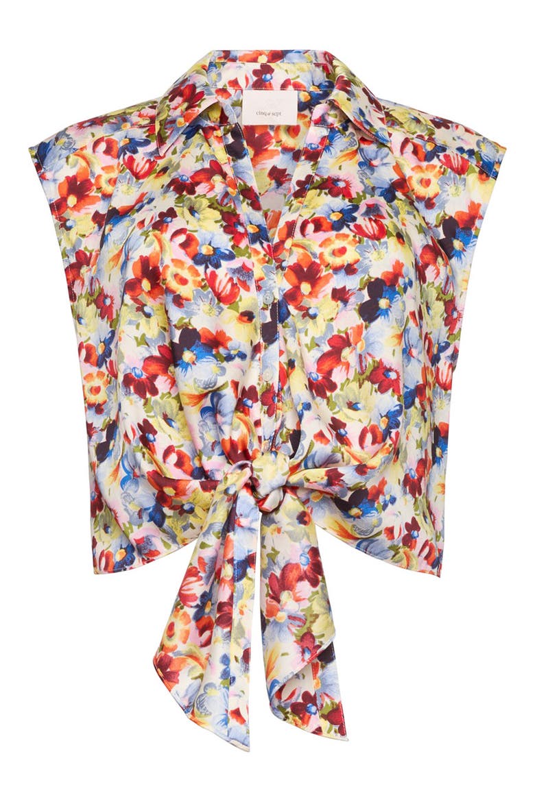Wildflower Bunch Tie Front Crop Button-Up Shirt, Alternate, color, GARDENIA MULTI