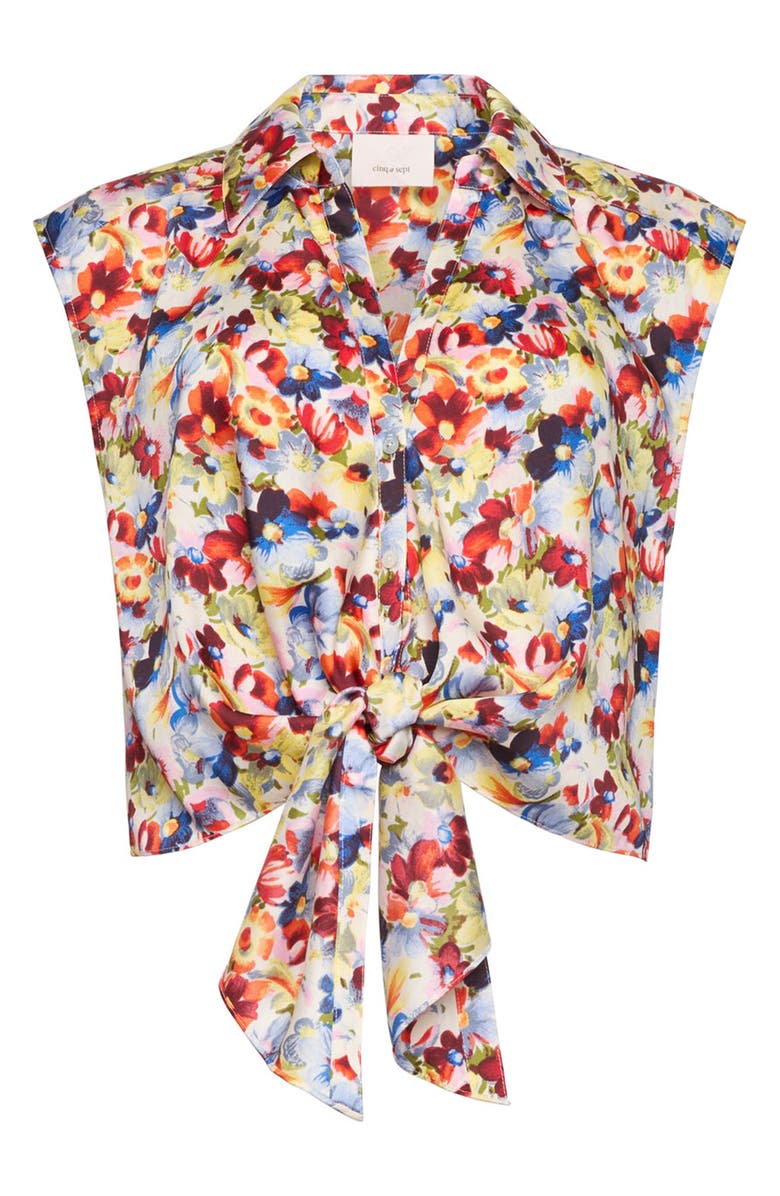 Cinq à Sept Wildflower Bunch Tie Front Crop Button-Up Shirt, Alternate, color, Gardenia Multi