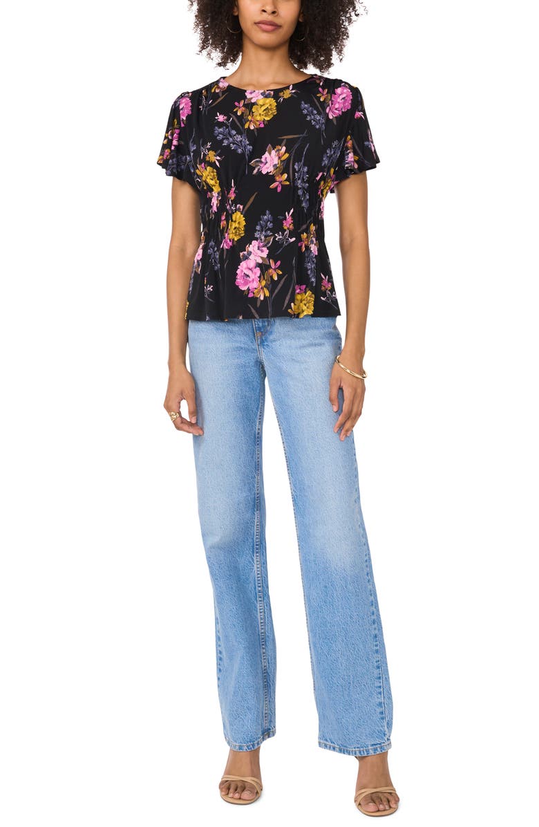 Vince Camuto Floral Smocked Waist Jersey Top, Alternate, color, Rich Black