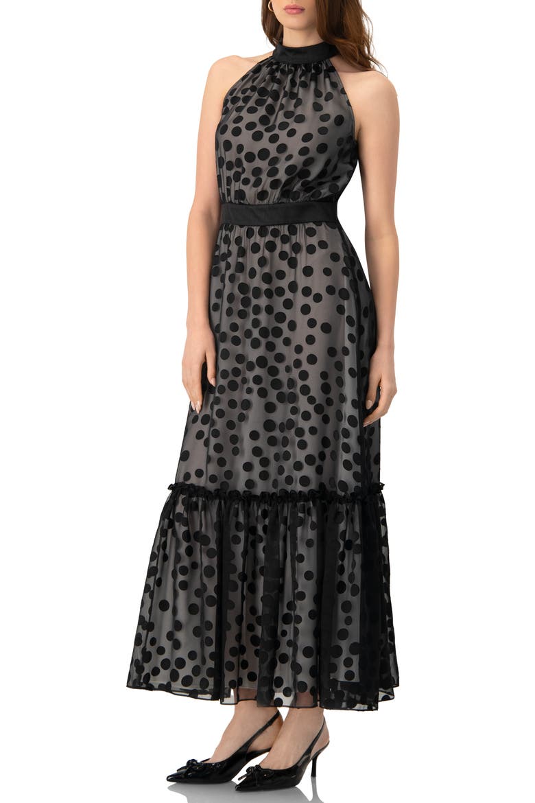 Halter Neck Polka Dot Maxi Dress, Alternate, color, Black