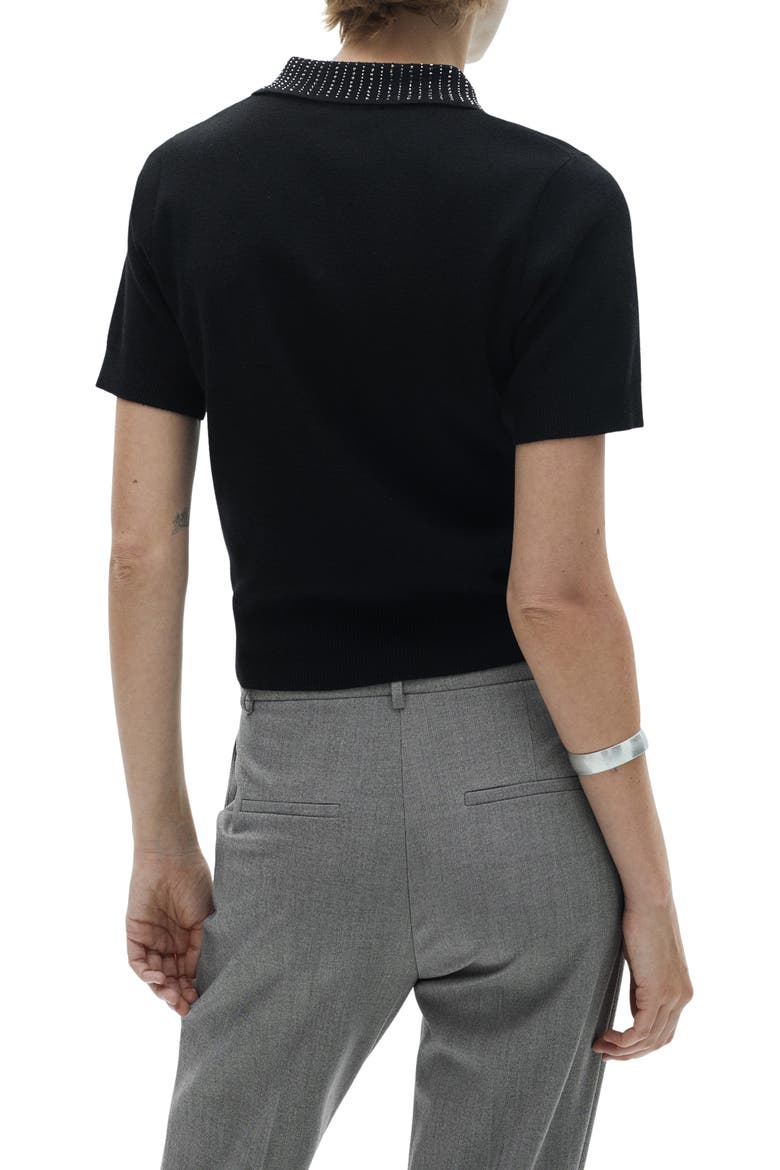Rhinestone Collar Knit Polo Shirt, Alternate, color, BLACK