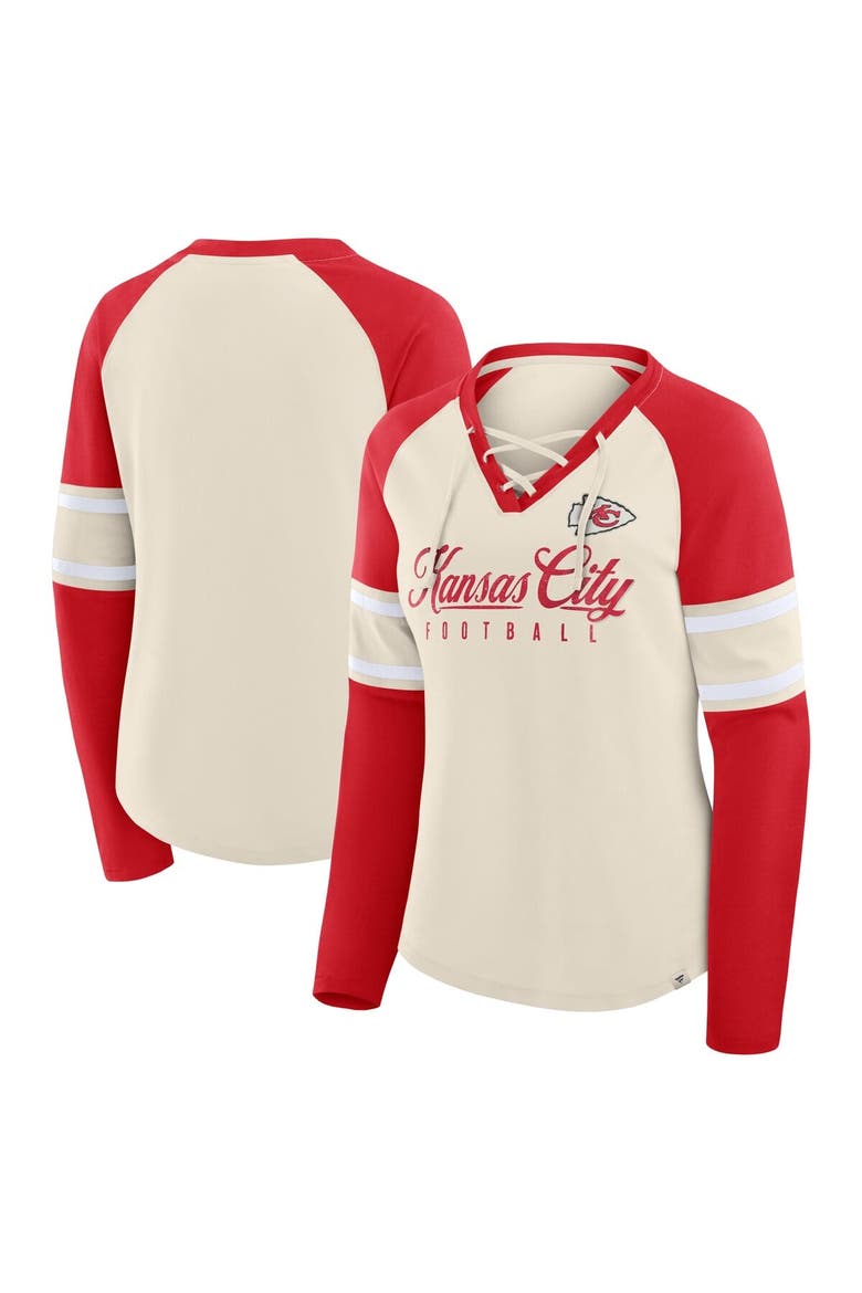 Women's Fanatics Cream/Red Kansas City Chiefs Hometown Gridiron Hero Raglan Lace-Up V-Neck Long Sleeve T-Shirt, Main, color, Cream