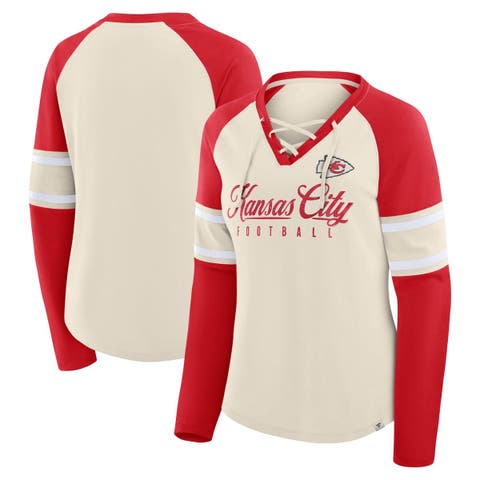 Women's Fanatics Cream/Red Kansas City Chiefs Hometown Gridiron Hero Raglan Lace-Up V-Neck Long Sleeve T-Shirt